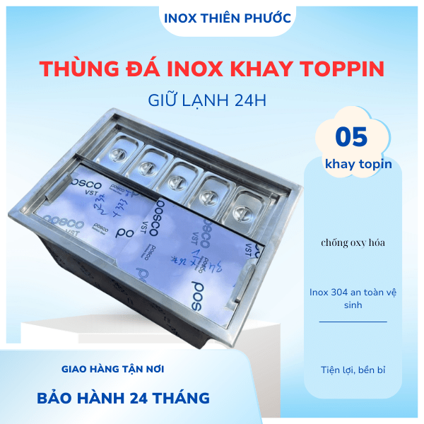 Thùng đá âm bàn có khay toppin 3 thùng đá inox